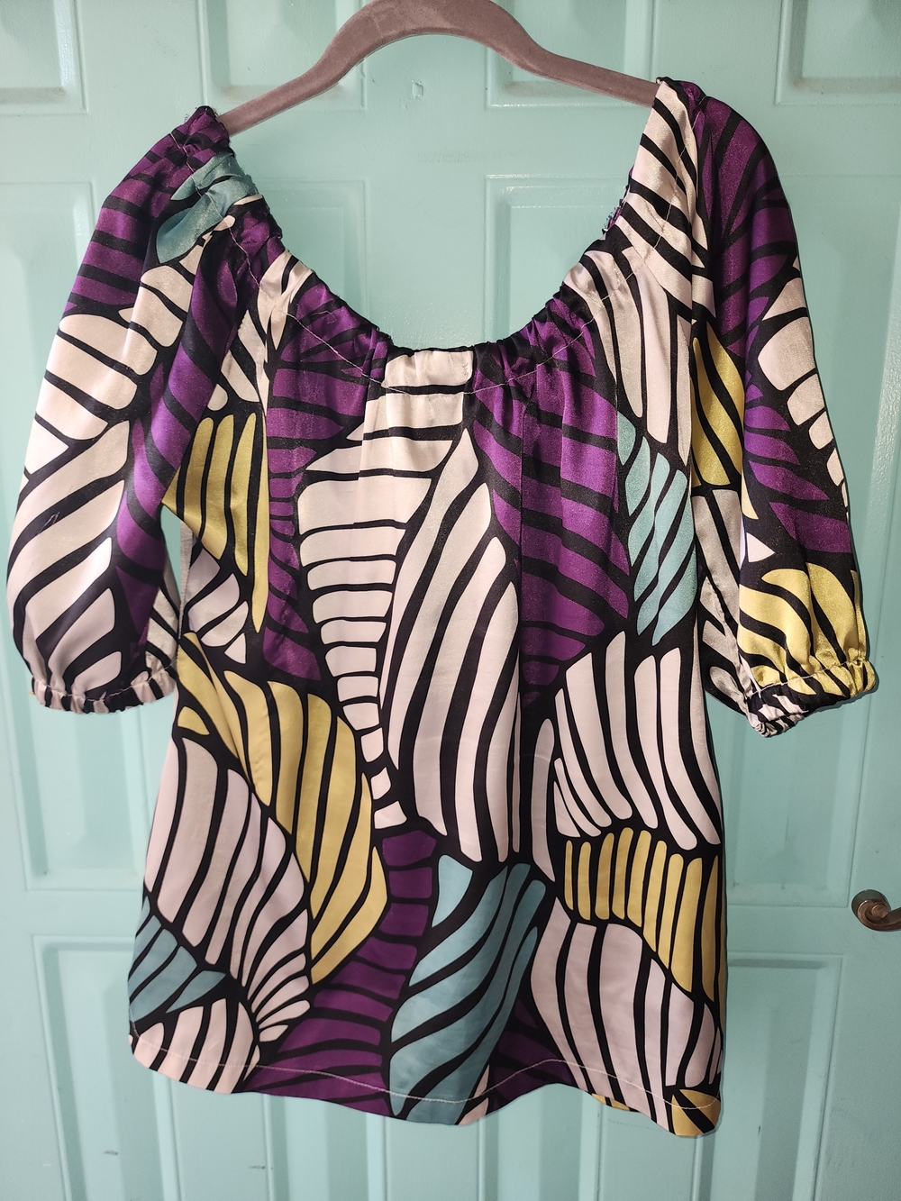 Joy Joy Purple Multi-Color Peasant Top with Tie - Picture 3 of 4